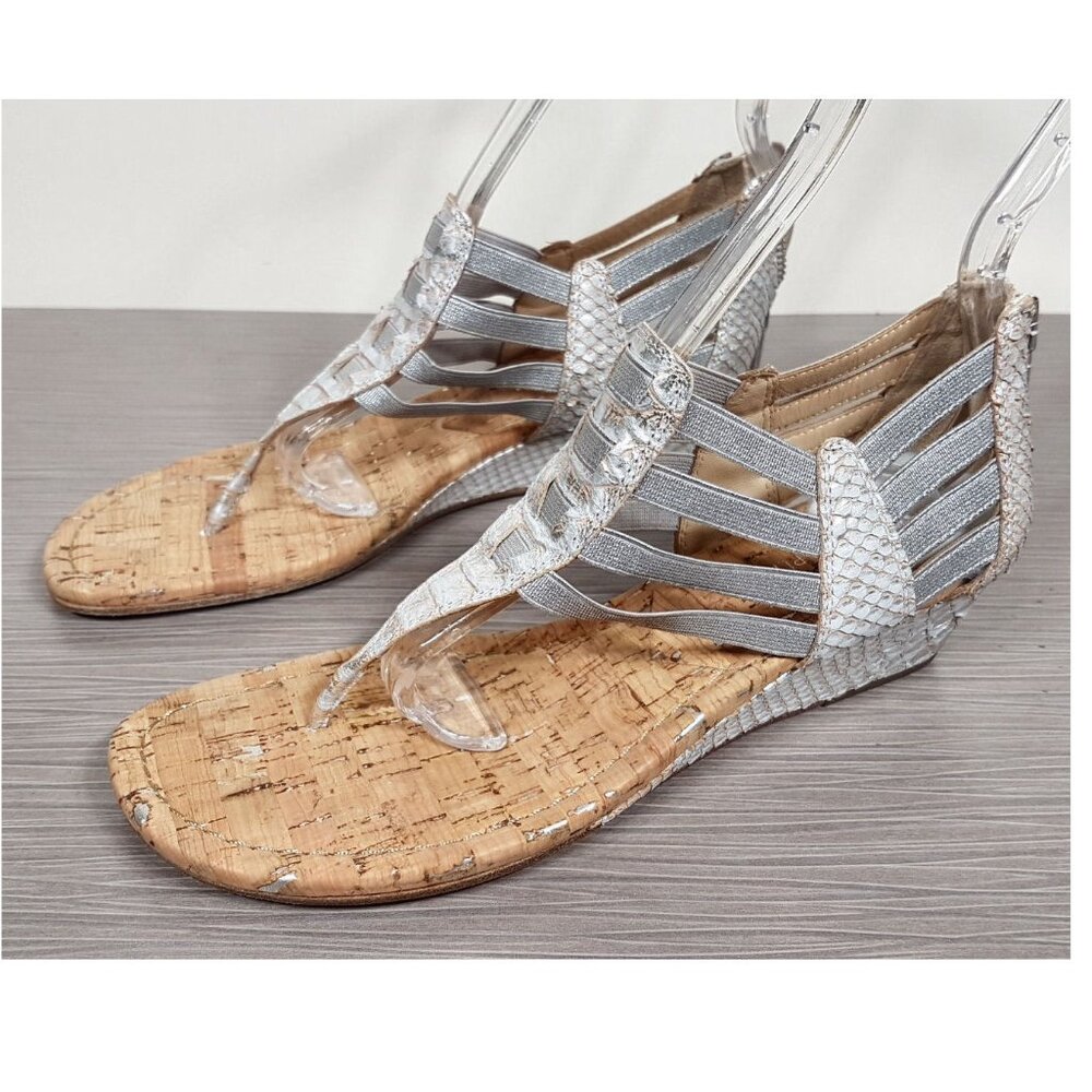 Donald Pinder Deena Snake Embossed Wedge Sandal Cork & Silver Womens Size 7.5 M